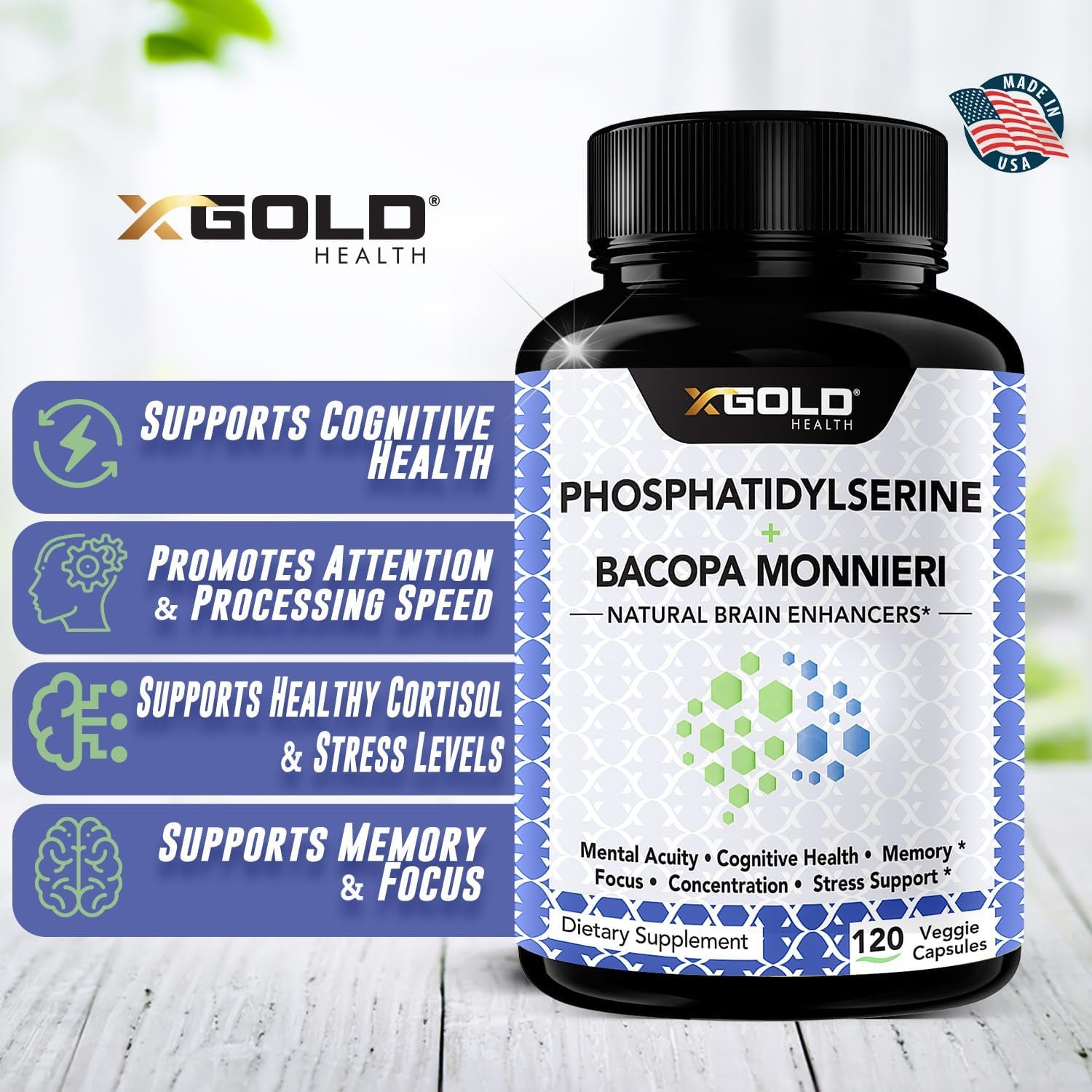 Phosphatidylserine & Bacopa Monnieri 400 Mg 2 in 1 Supplement - Natural Brain Enhancer/Nootropic - 120 Vegetarian Capsules
