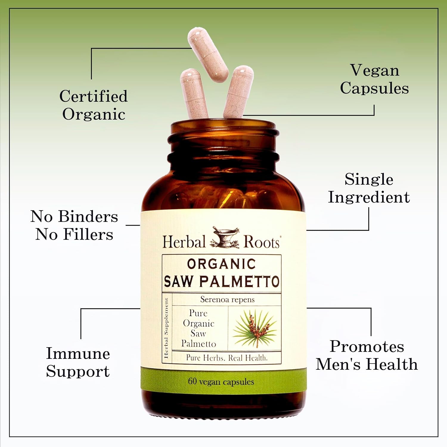 Herbal Roots Organic Saw Palmetto Capsules | 1,000Mg | 60 Capsules