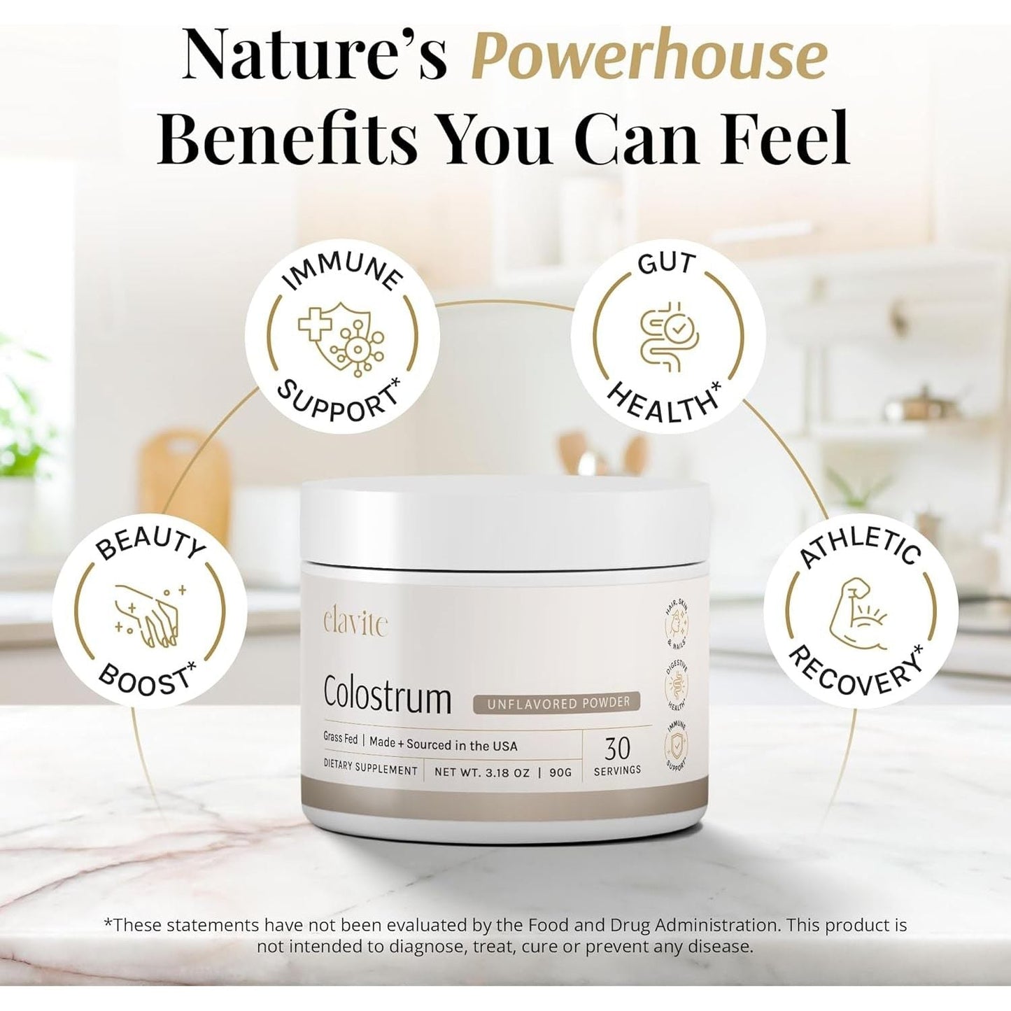 Colostrum Powder (Unflavored) for Gut Health, Immune Support Healthy Hair, Skin & Nails - 30 Servings