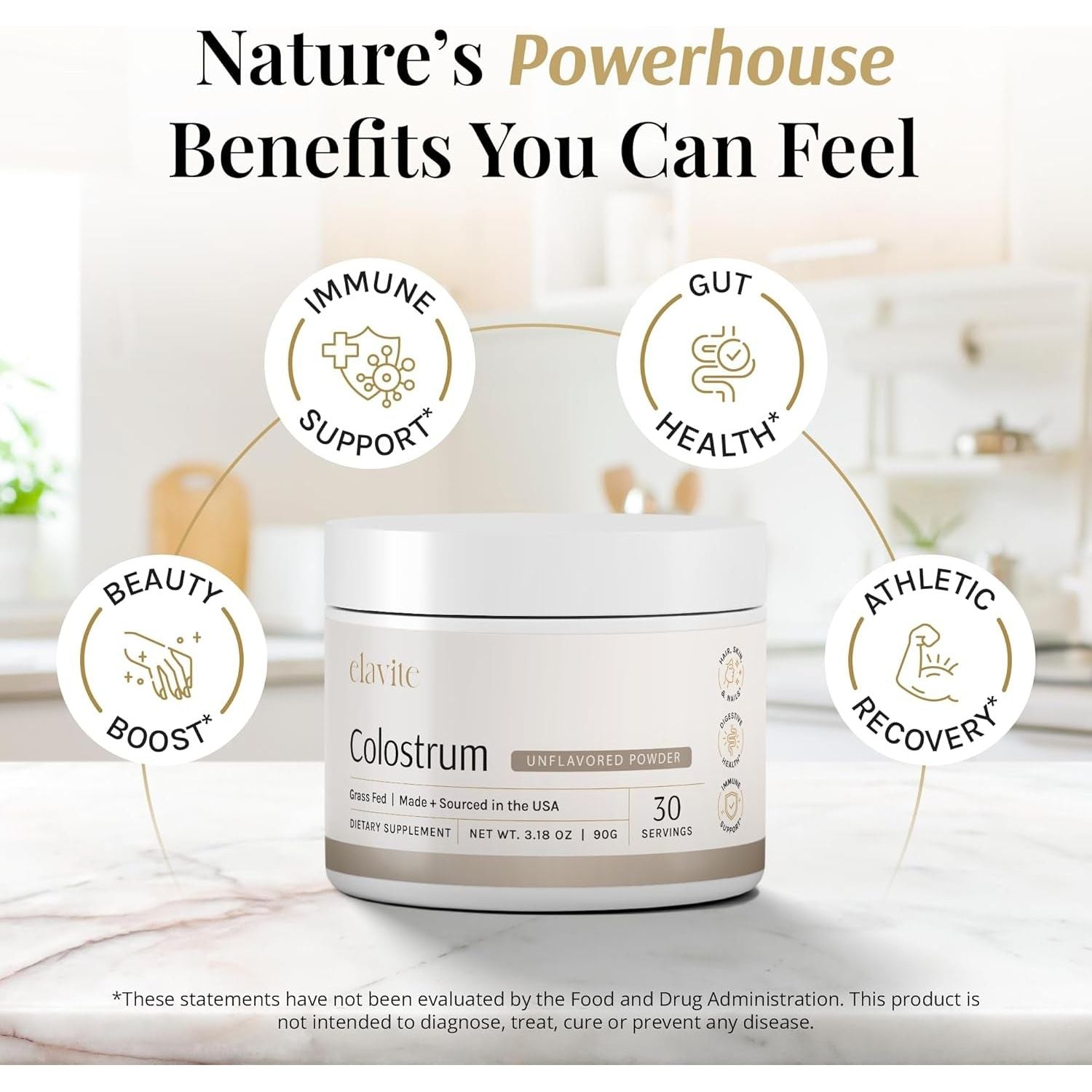 Colostrum Powder (Unflavored) for Gut Health, Immune Support Healthy Hair, Skin & Nails - 30 Servings