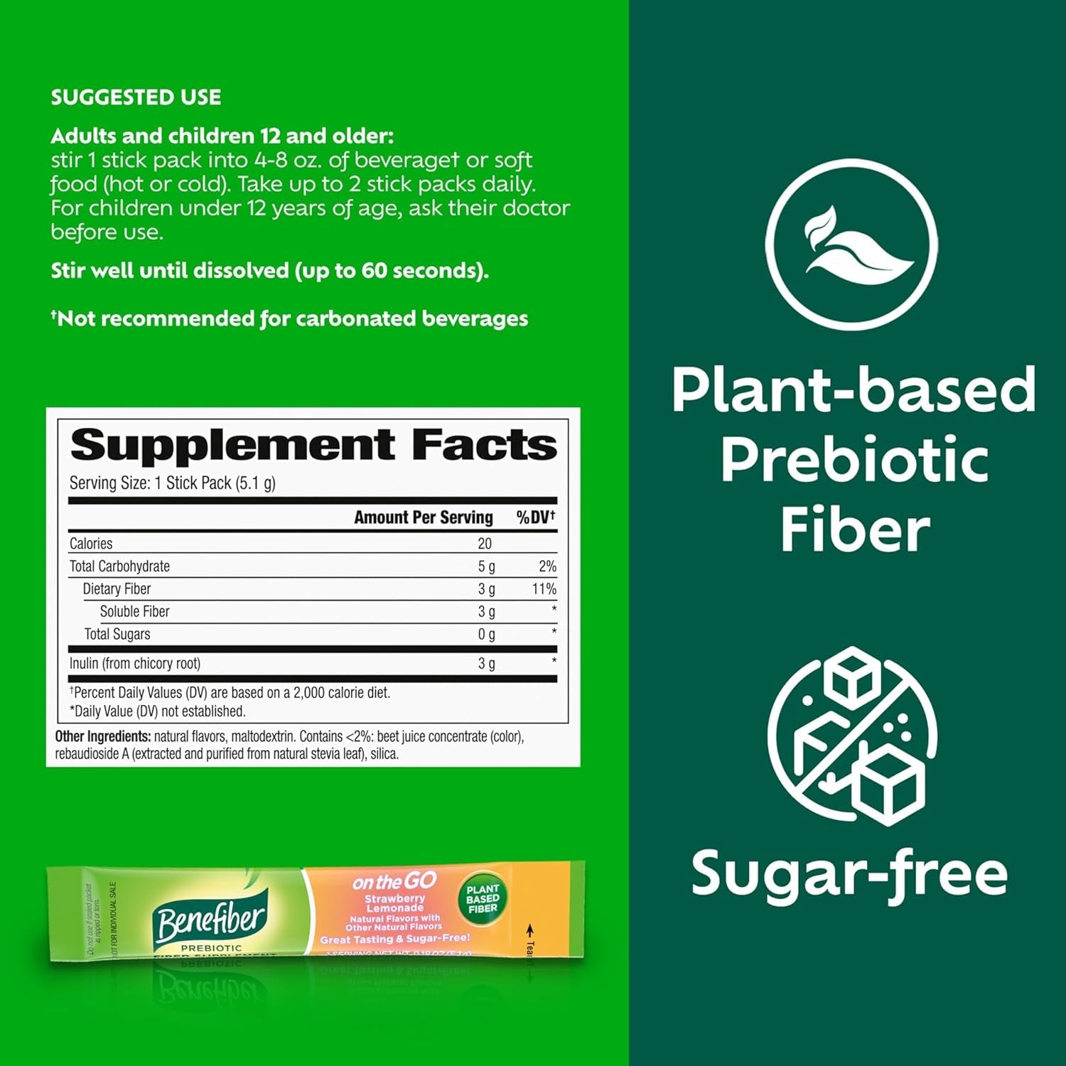 Benefiber Fiber Supplement, Strawberry Lemonade, on the Go Stick Packs, 36 Count