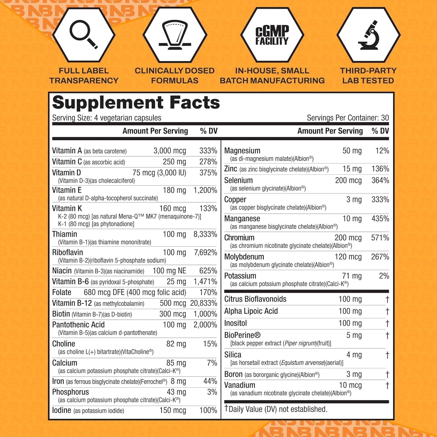 Nutrabio Multisport for Men - Multivitamin - 33 Vitamins, Minerals, Micronutrients (120 Vegetable Capsules)
