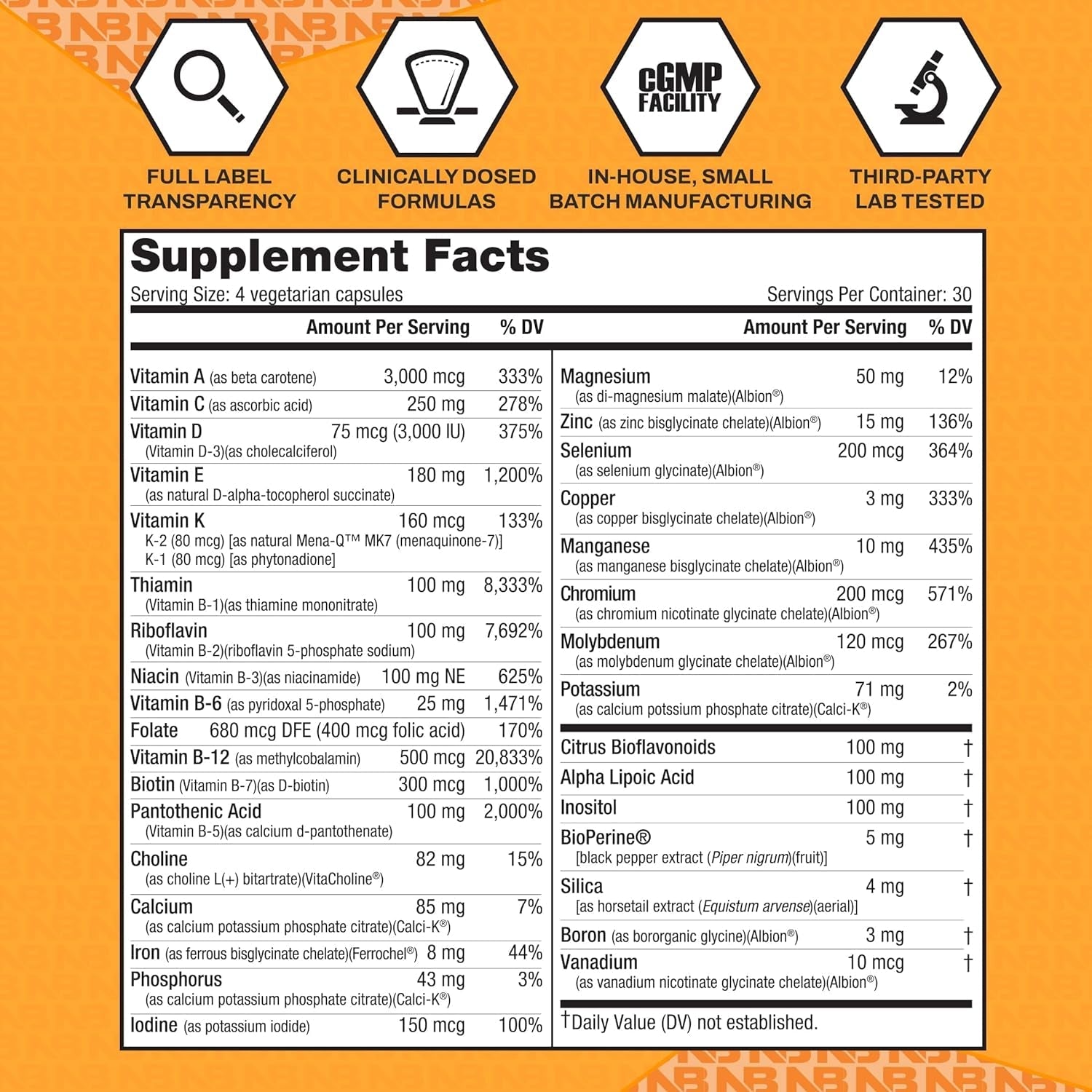Nutrabio Multisport for Men - Multivitamin - 33 Vitamins, Minerals, Micronutrients (120 Vegetable Capsules)