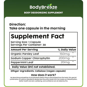 Internal Deodorant Supplement | Natural Chlorophyll for Body Odor Control, Gut Health, and Fresh Breath 30 Capsules