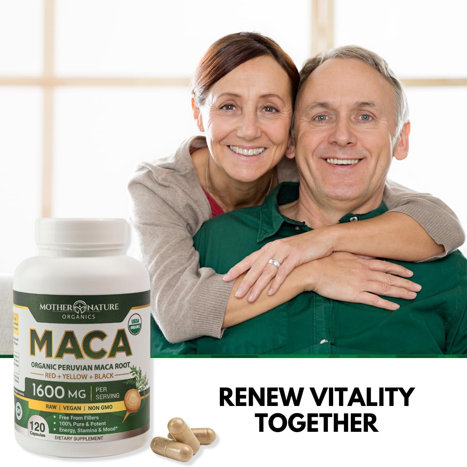 Mother Nature USDA Organic Maca Root 1600Mg, Supports Mood, Hormonal Balance Reproduction & Energy (120Ct)