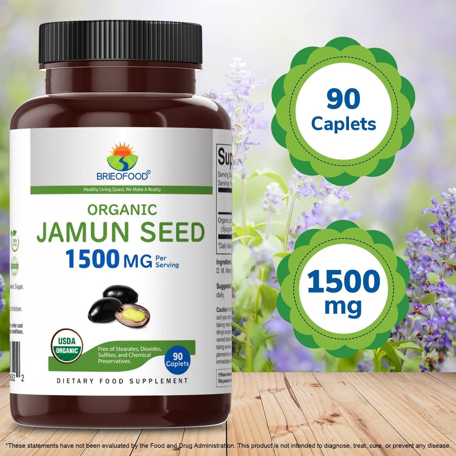 Brieofood Organic Jamun Seed 1500Mg, 45 Servings, Vegetarian, Gluten Free