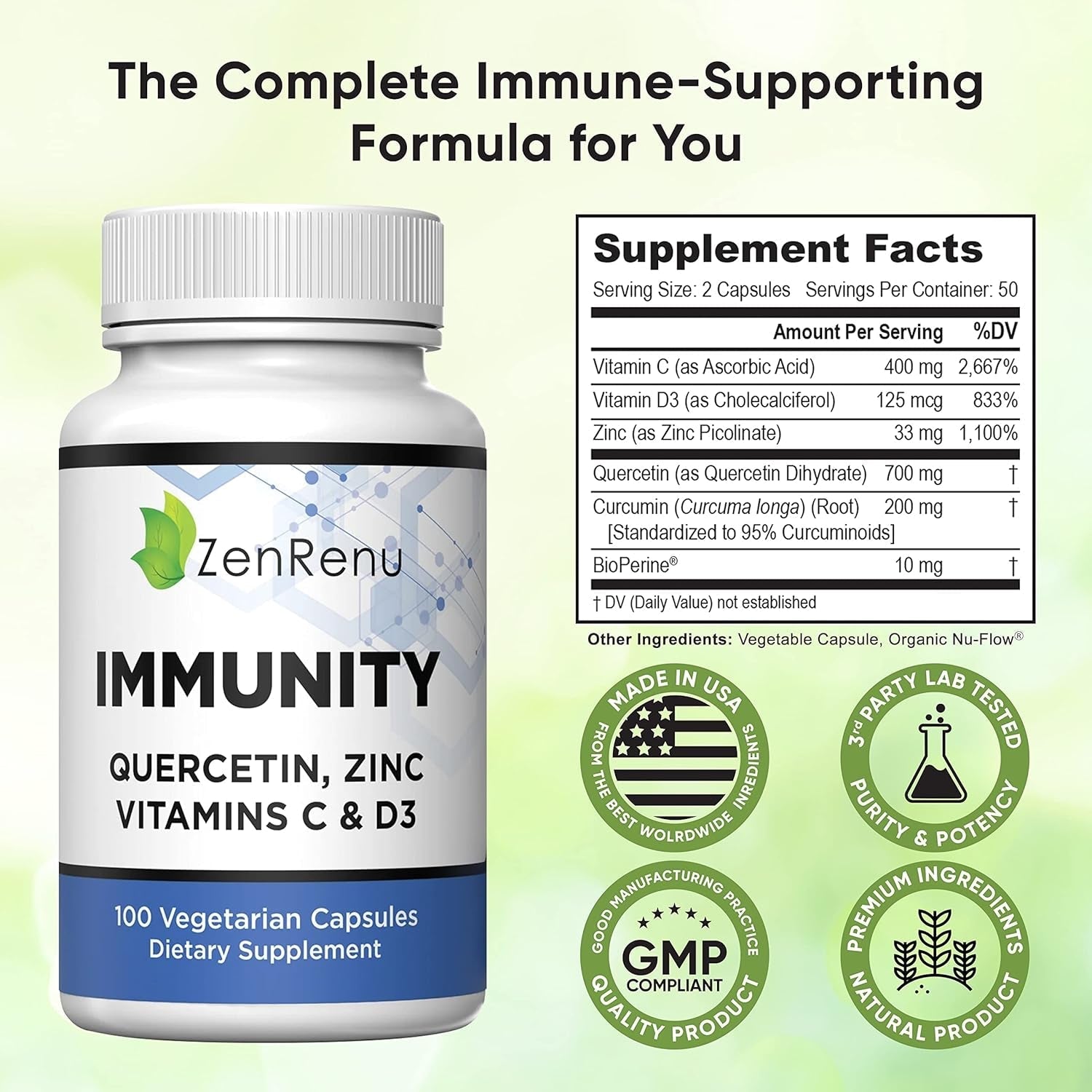 Zenrenu Immunity Quercetin 700 Mg Zinc Vitamin C Vitamin D Immune Support Supplement with Curcumin 50 Day Supply