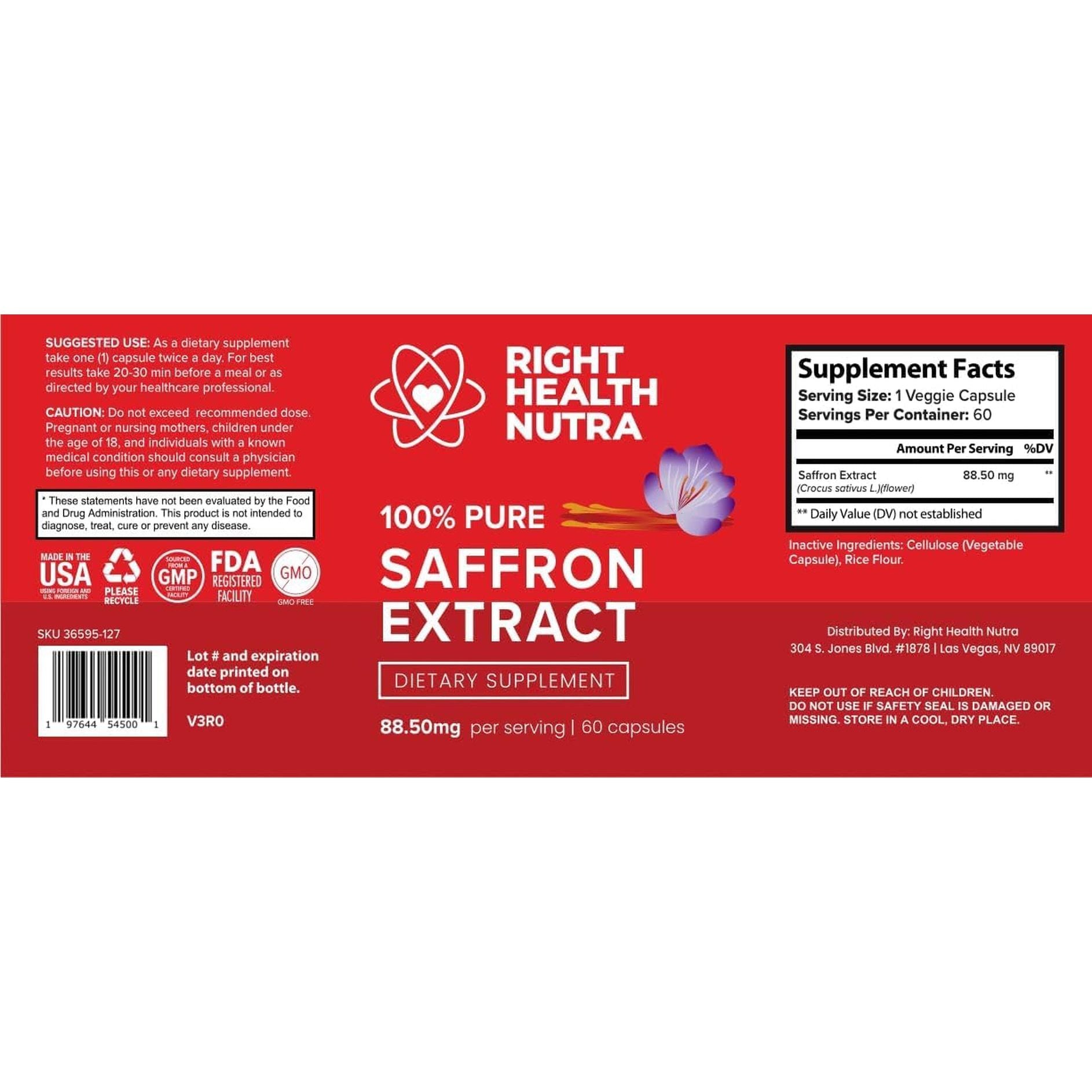 Right Health Nutra Saffron Supplements - Supports Mood | Focus | Digestion | Eye Health 60 Capsules