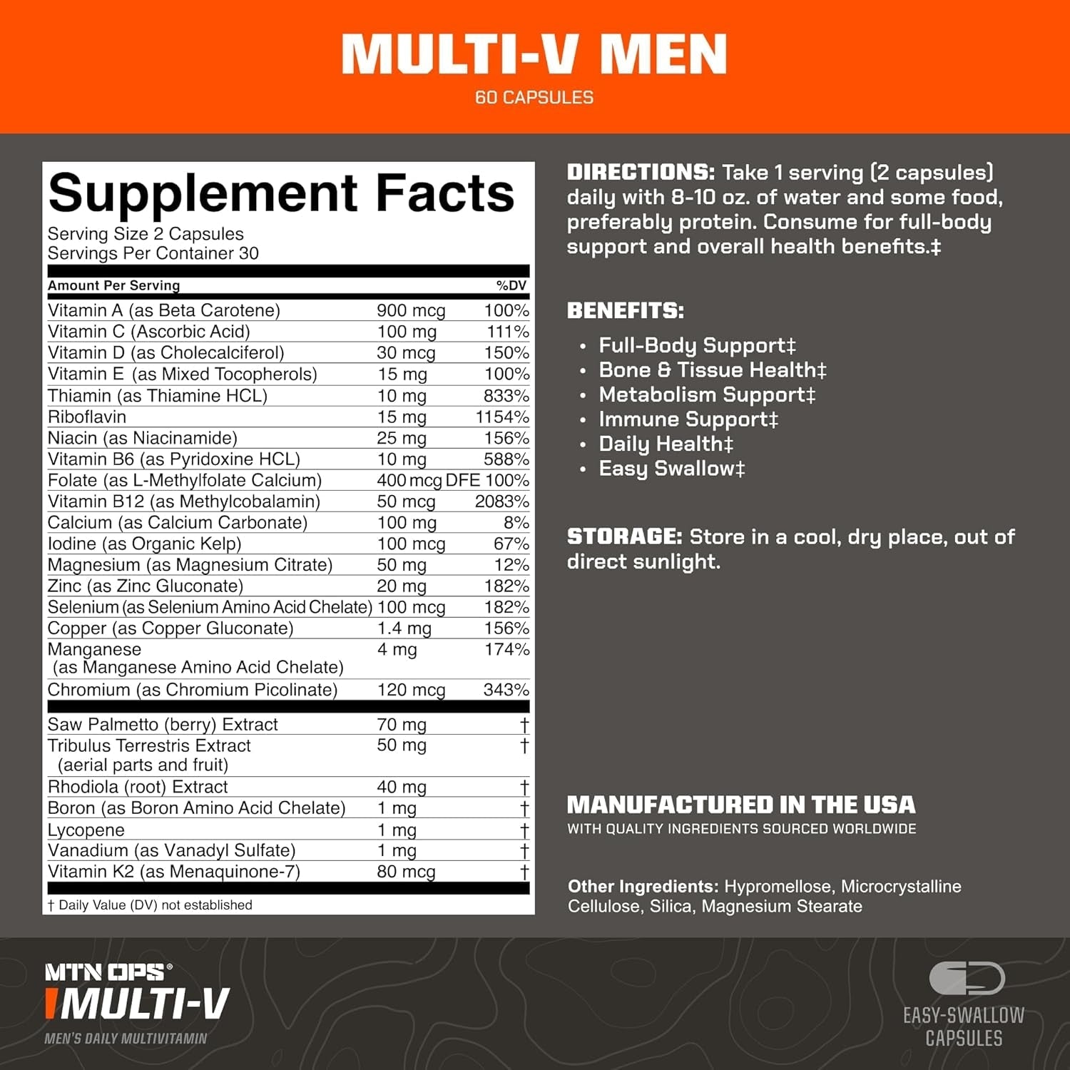 MTN OPS Multi-V Mens Multivitamin Capsules, Essential Daily Vitamin Complex, 30 Servings