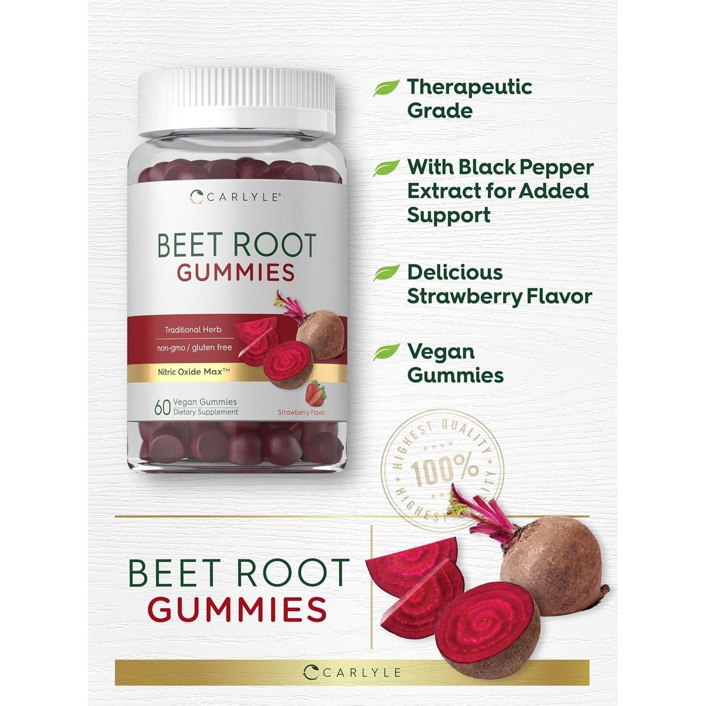 Carlyle Beet Root Gummies | 60 Count | Vegan Strawberry Flavored Chewable Supplement | Non-Gmo, Gluten Free