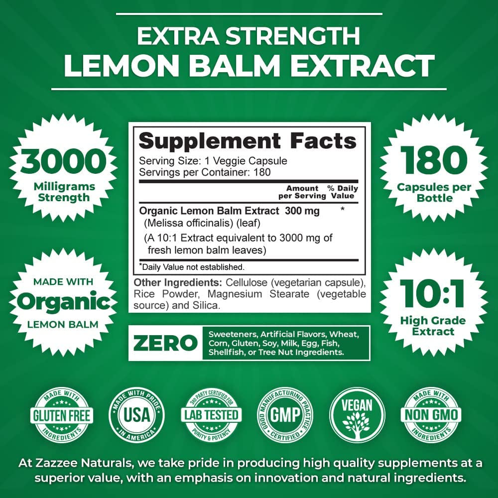 Zazzee Organic Lemon Balm 10:1 Extract (3000 Mg/180 Vegan Capsules)