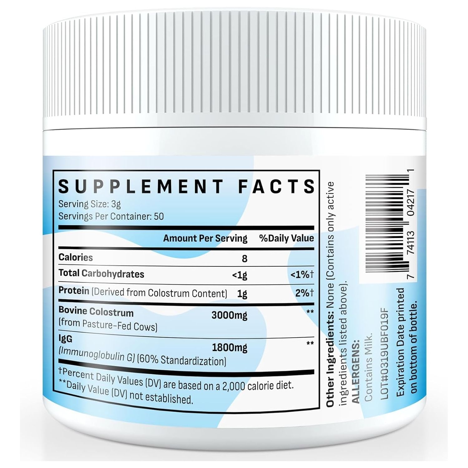 Bovine Colostrum Supplement Powder - 60% Igg 3000 Mg for Gut, Hair Growth, Beauty, and Immune - (50 Servings)