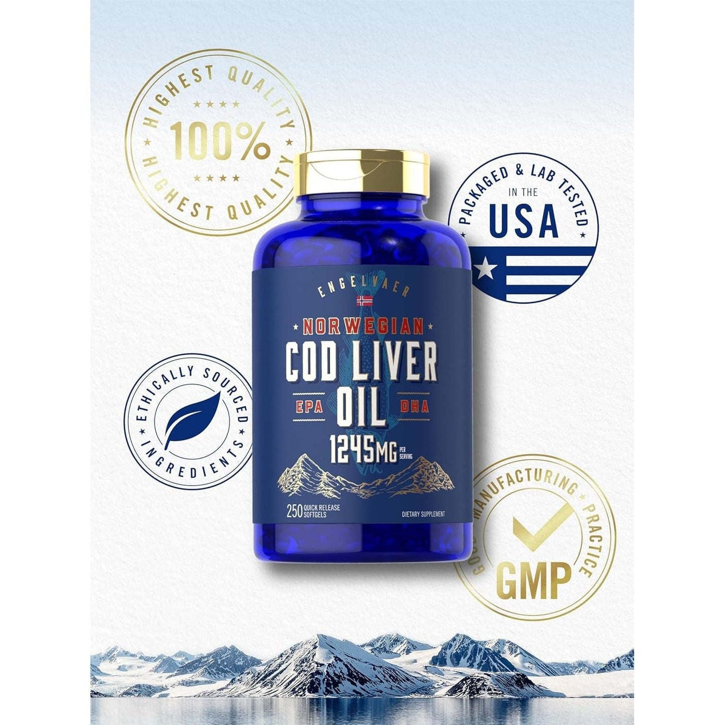 Carlyle Cod Liver Oil Softgels | 1245Mg | 250 Count | Norwegian | Non GMO, Gluten Free