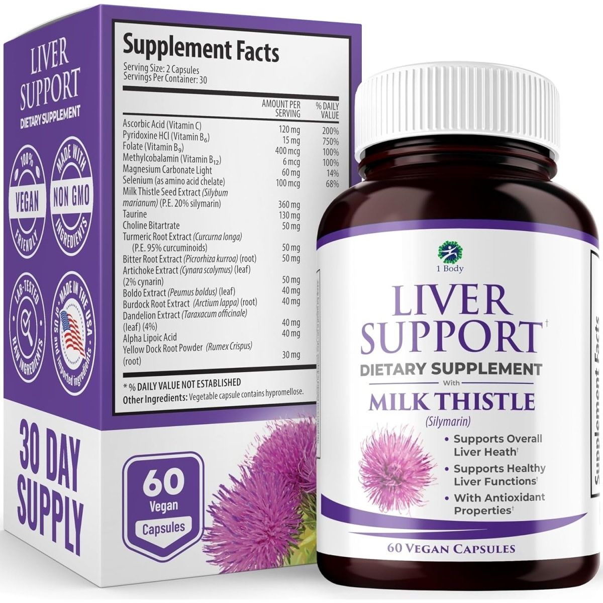 1 Body Liver Support Supplement - Liver Cleanse & Repair - 60 Capsules - Suppviv