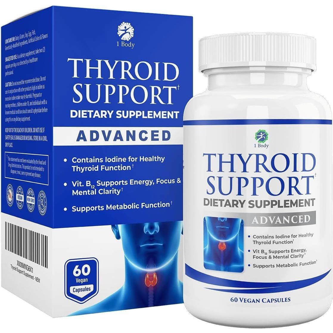 1 Body Thyroid Support Supplement with Iodine - Energy & Focus Support Formula 30 Day Supply - Suppviv