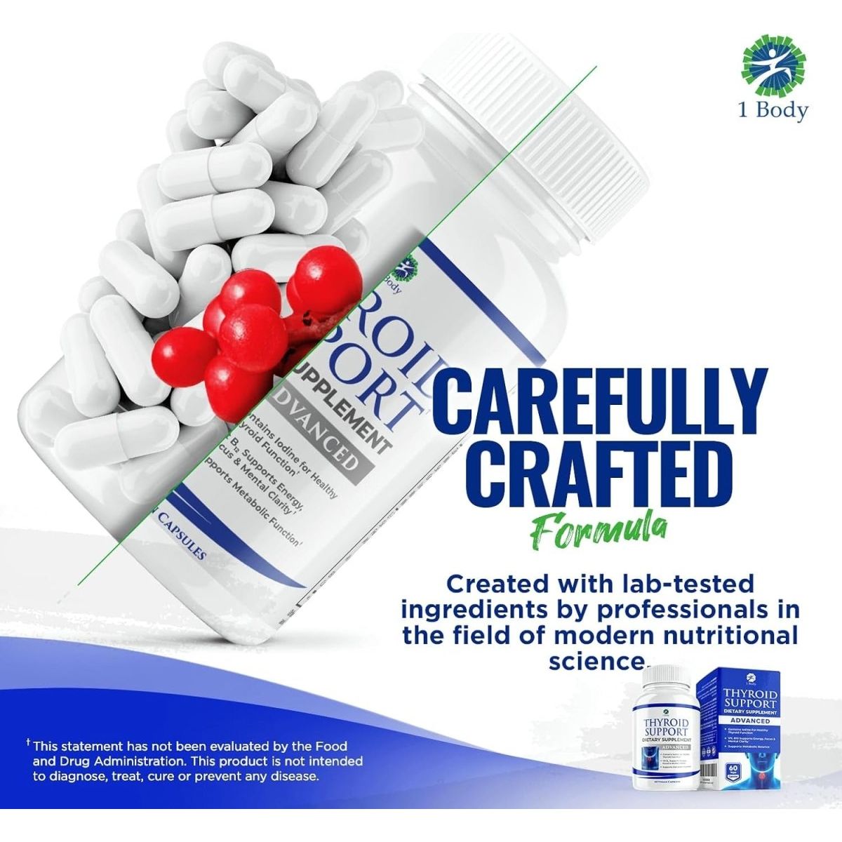 1 Body Thyroid Support Supplement with Iodine - Energy & Focus Support Formula 30 Day Supply - Suppviv