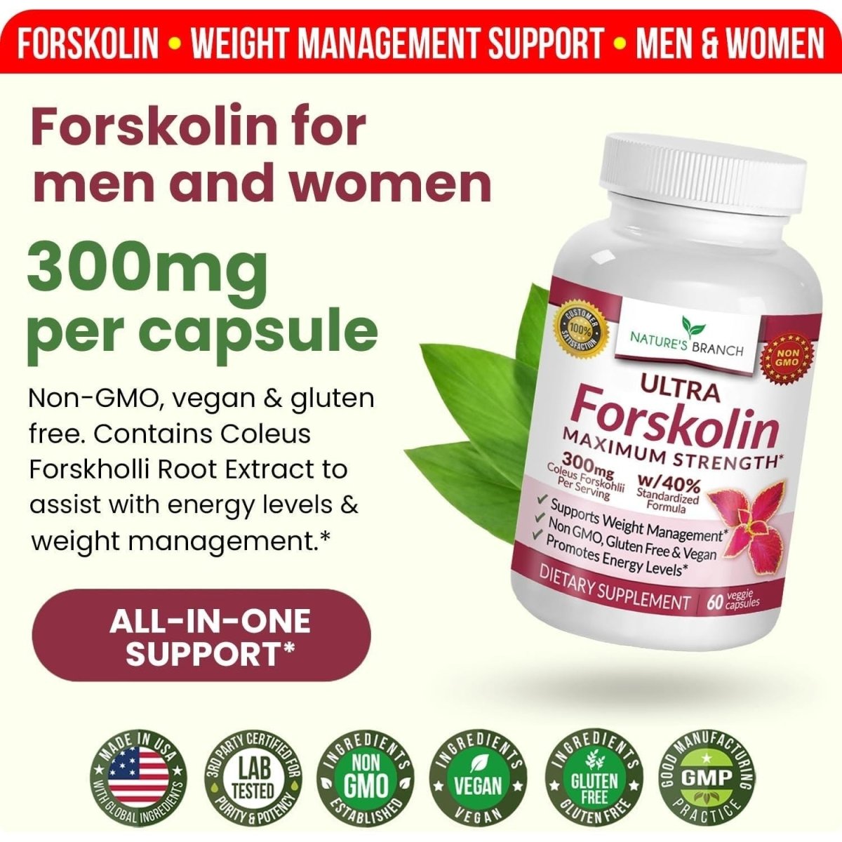 100% Ultra Pure Forskolin for Weight Management Maximum Strength for Men & Women 60 Capsules - Suppviv