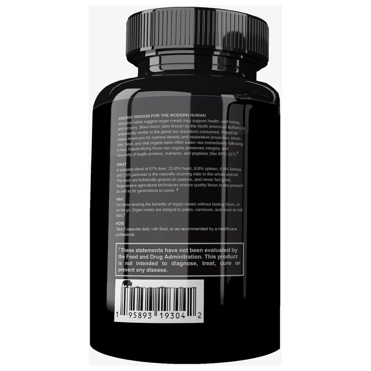 100Percent Grass - Fed Bison Liver Heart & Organ Complex | Desiccated Bison Liver Pill Supplement (Single Bottle) | All - American - Suppviv