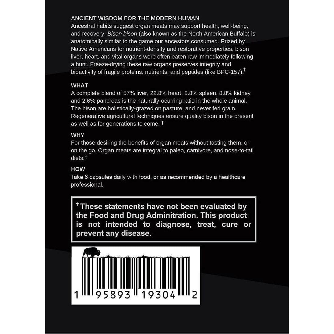 100Percent Grass - Fed Bison Liver Heart & Organ Complex | Desiccated Bison Liver Pill Supplement (Single Bottle) | All - American - Suppviv