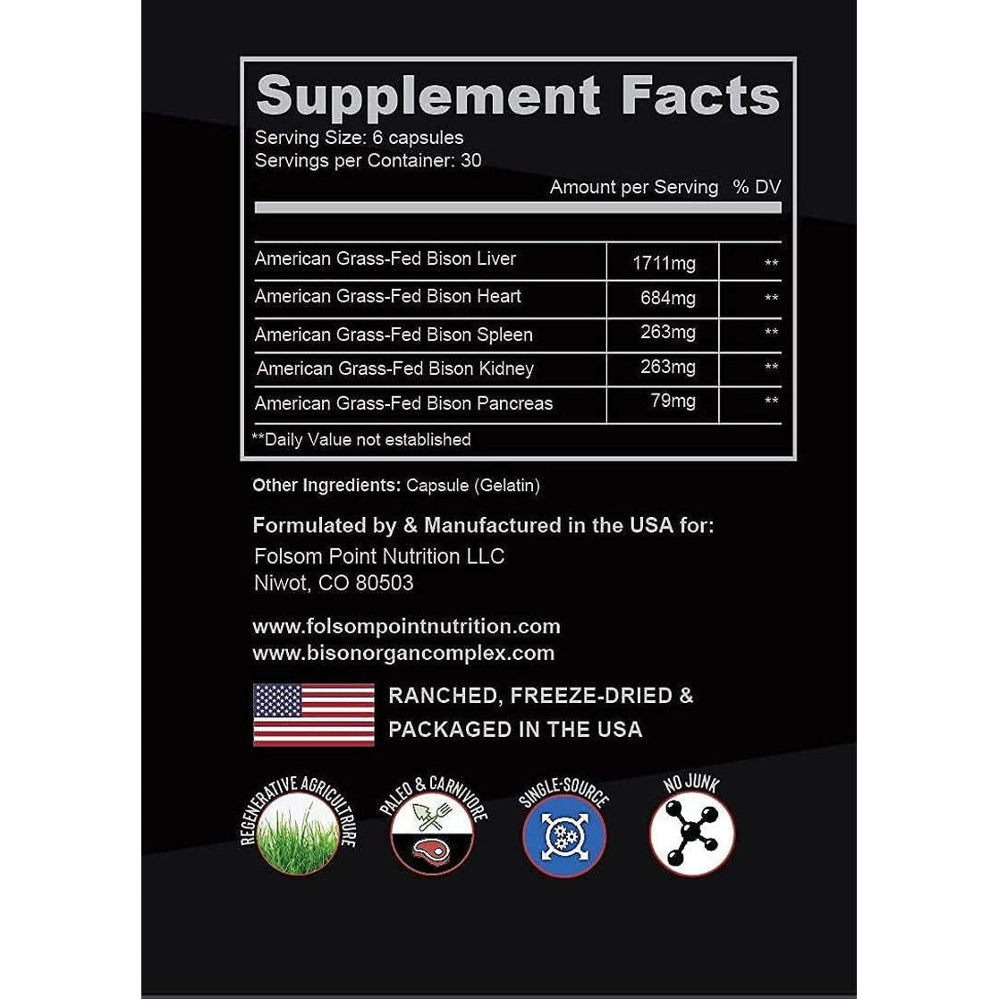 100Percent Grass - Fed Bison Liver Heart & Organ Complex | Desiccated Bison Liver Pill Supplement (Single Bottle) | All - American - Suppviv