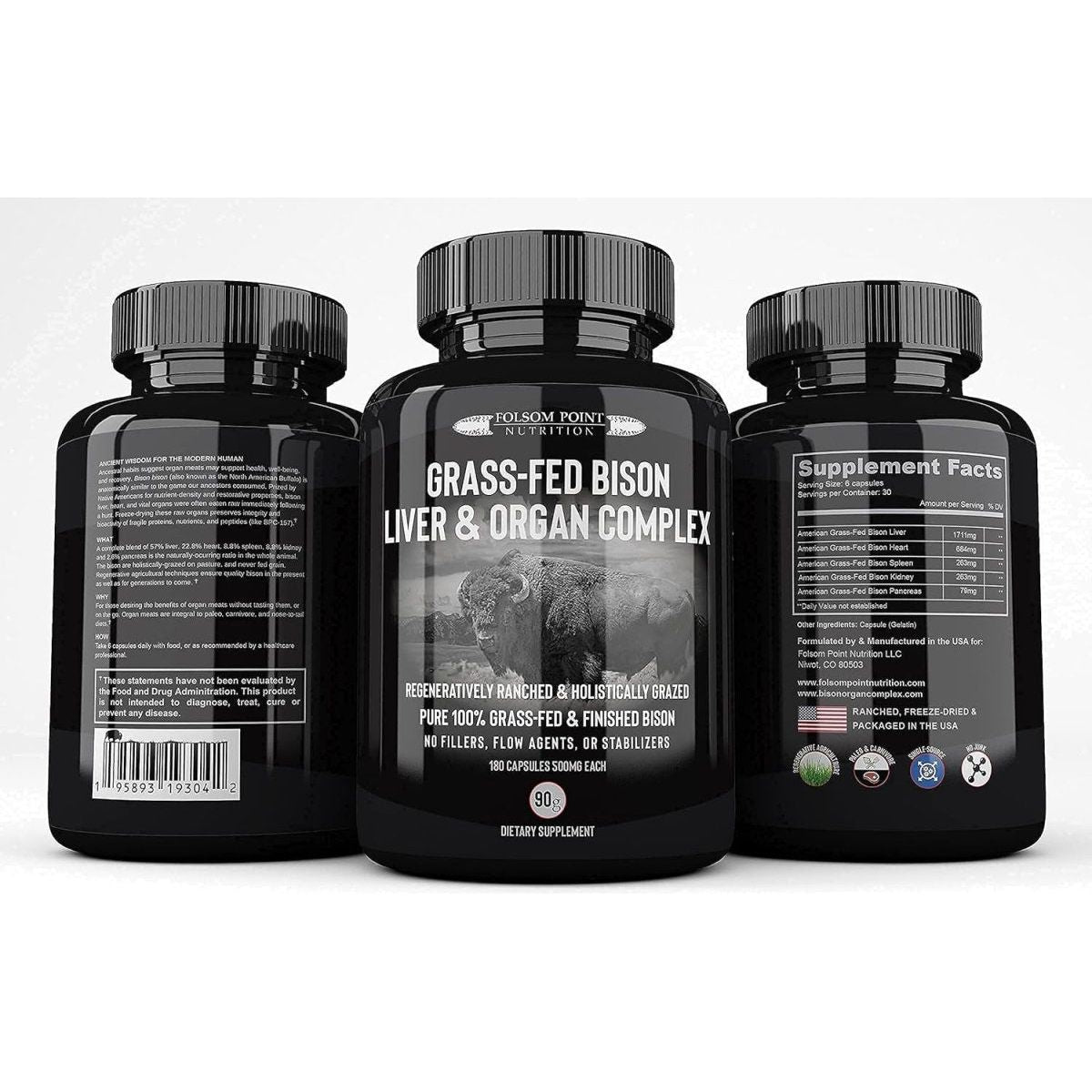 100Percent Grass - Fed Bison Liver Heart & Organ Complex | Desiccated Bison Liver Pill Supplement (Single Bottle) | All - American - Suppviv
