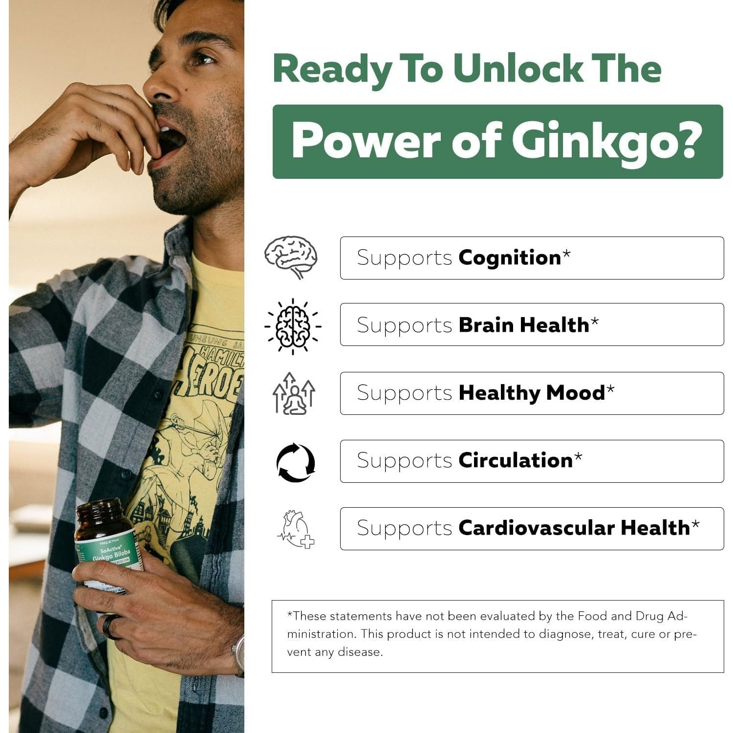 Soactive Ginkgo Biloba | Brain, Heart, Mood & Memory Support Supplement - (180 Mg/60 Capsule)