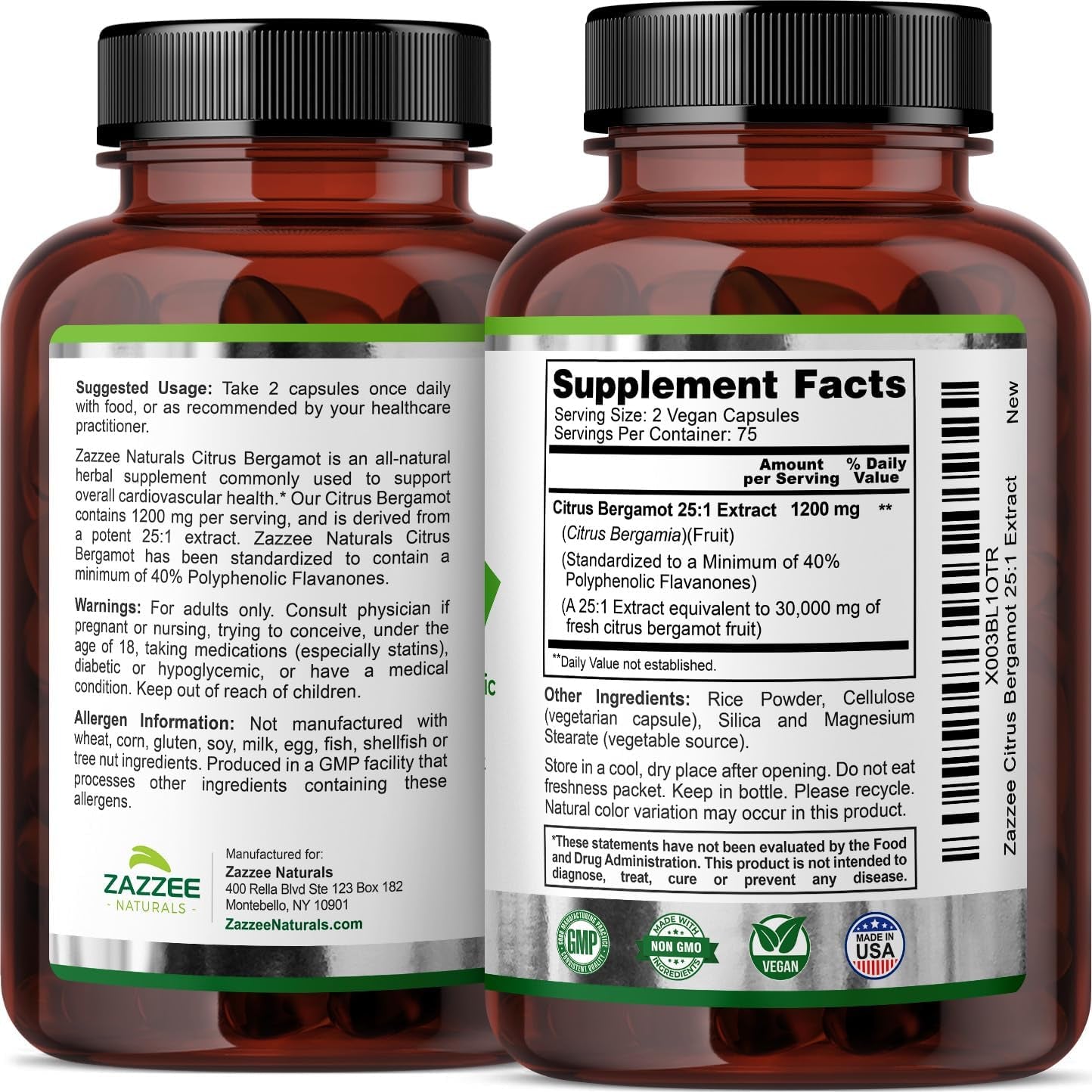 Zazzee Extra Strength Citrus Bergamot 25:1 Extract, 1200 Mg Per, 40% Polyphenolic Flavanones, 150 Vegan Capsules Made in the USA