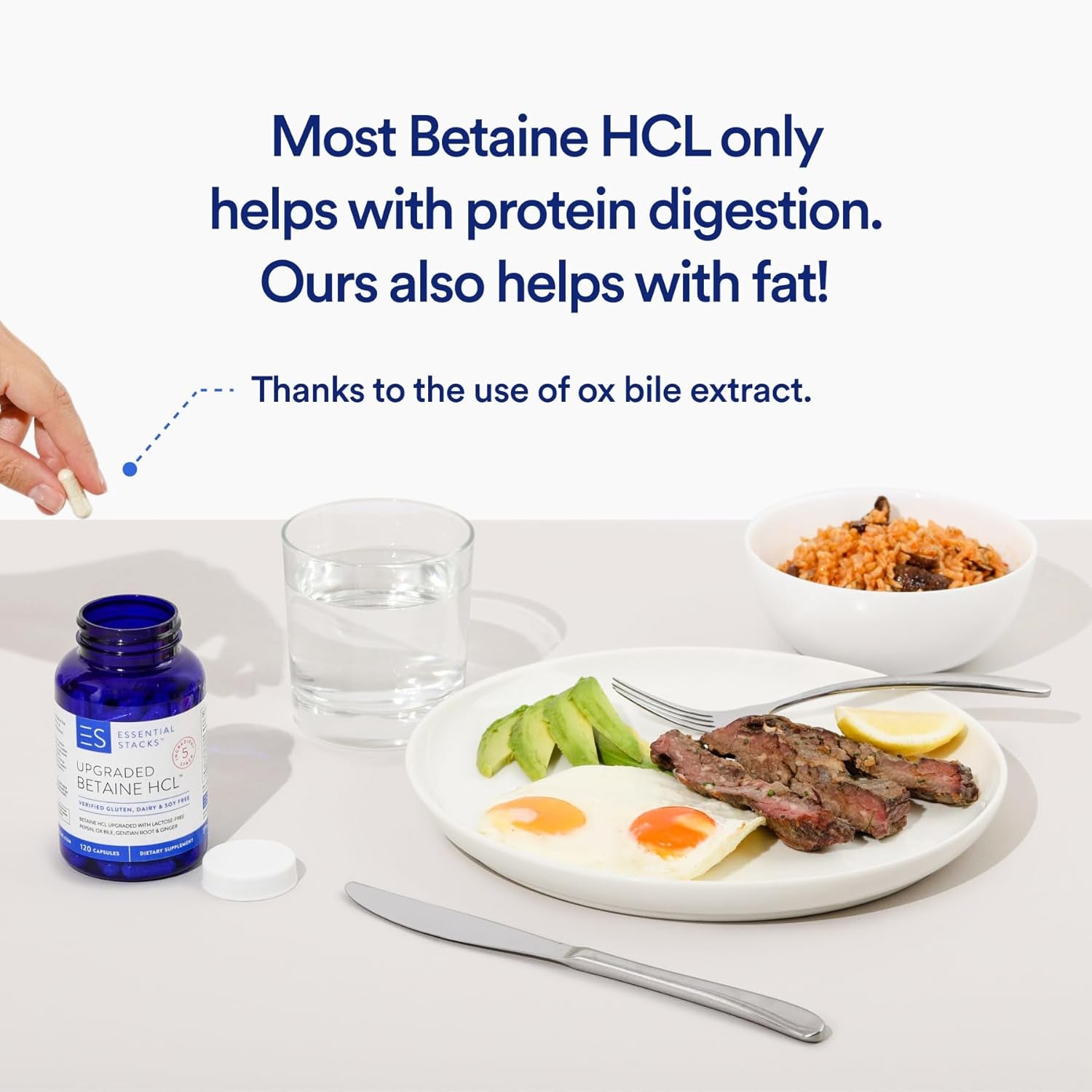 Essential Stacks Betaine HCL with Pepsin, Ox Bile, Organic Gentian & Ginger  (120 Capsules)