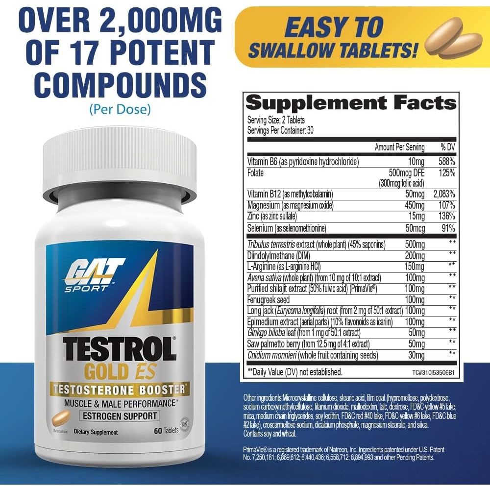 GAT SPORT Testrol Gold ES, Tribulus, DIM, Zinc, Longjack, Fenugreek, Saw Palmetto for Estrogen Balance, 60 Tablets