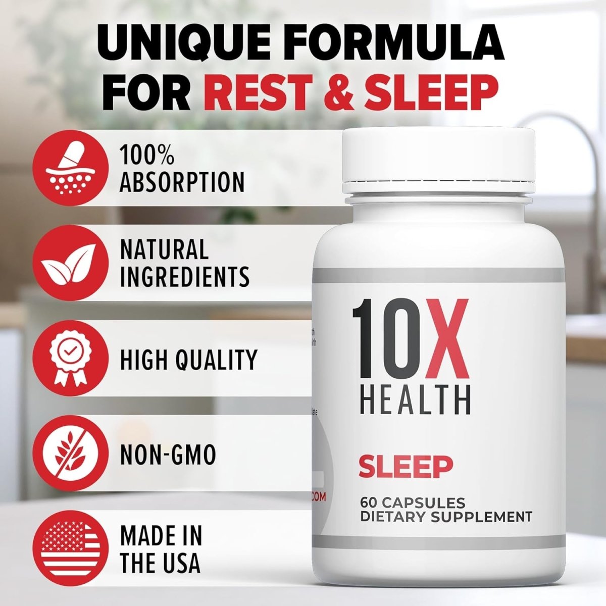 10X Health Sleep Supplement - Magnesiumt with L Theanine & Melatonin 3Mg - 60 Capsules - Suppviv