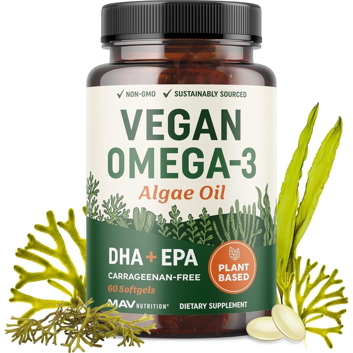Vegan Omega 3 Algae Oil | Plant Based DHA EPA | Heart, Brain, and Eye Health 60 Softgel Capsules
