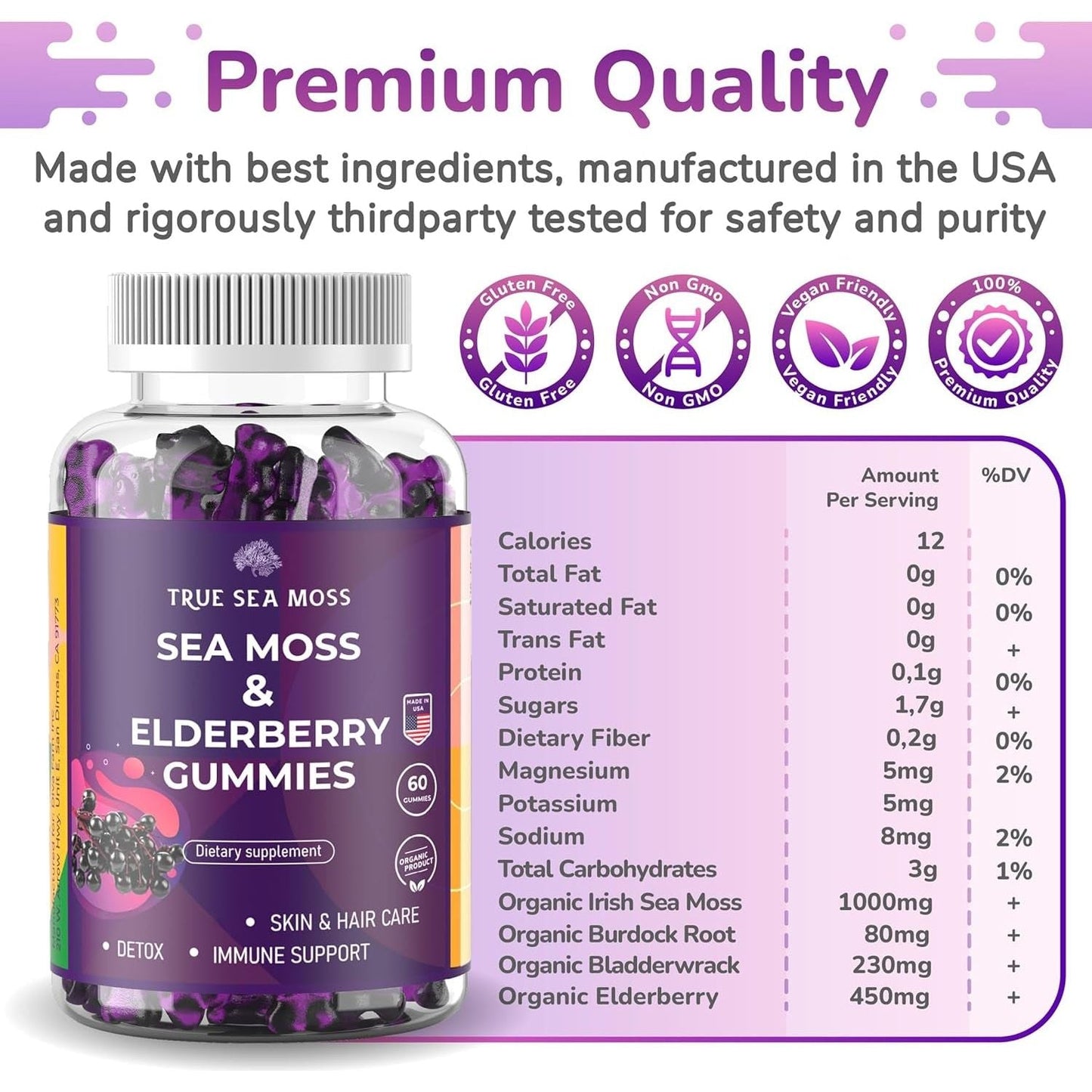Sea Moss Elderberry Gummies with Magnesium, Burdock Root and Bladderwrack – Daily Nutritional Support for Kids and Adults | 60Pcs
