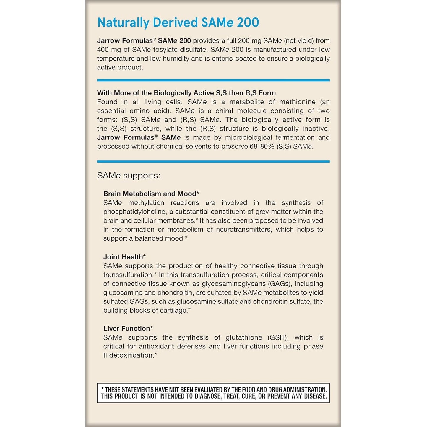 Jarrow Formulas® Same 200 Mg, Supports Joint Health, Liver Function, Brain Metabolism, 60 Tablets