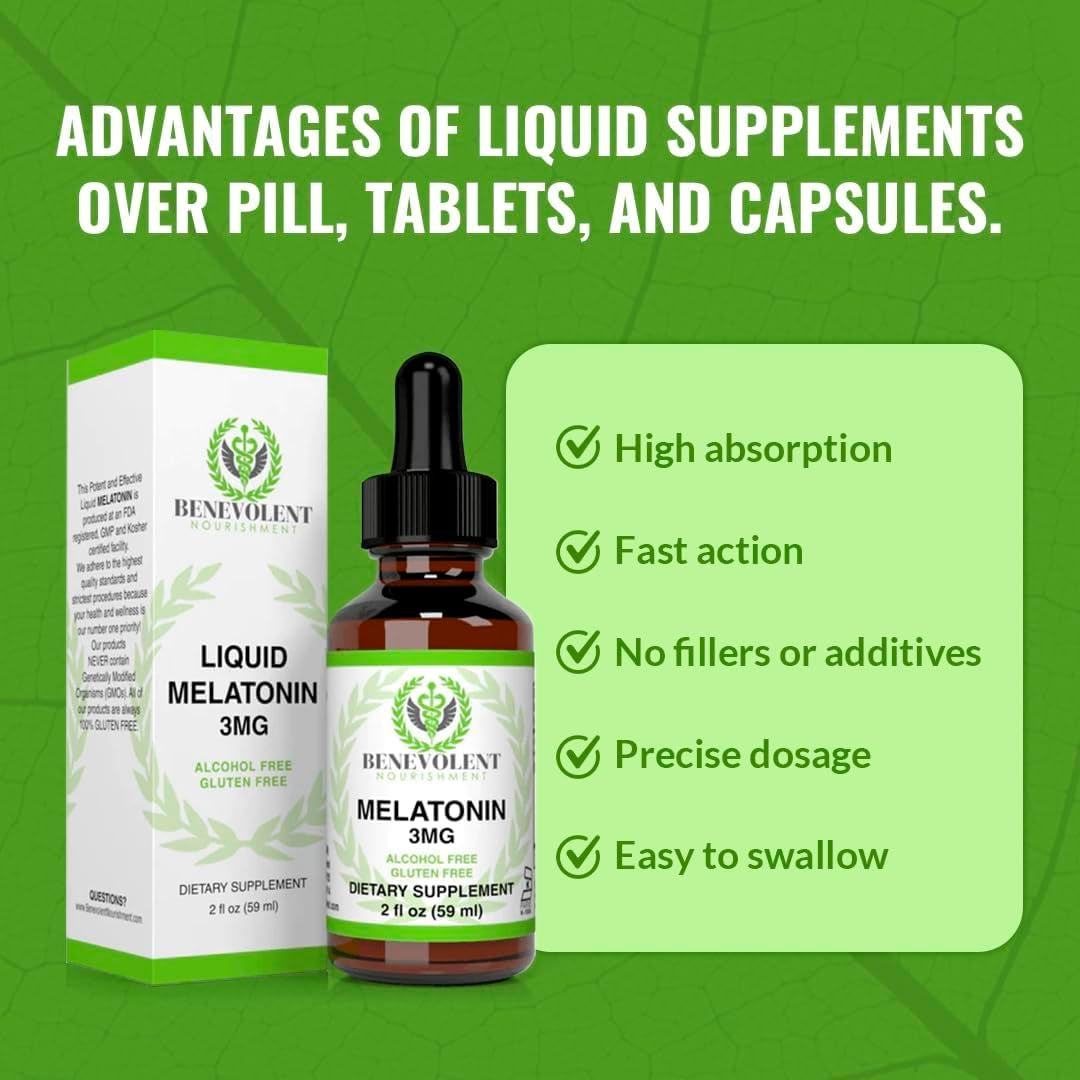 Benevolent Melatonin Liquid for Adults & Kids 3Mg 2 Month Supply