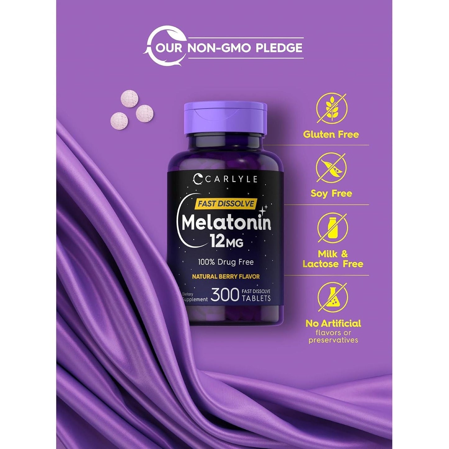 Carlyle Melatonin 12 Mg Fast Dissolve 300 Tablets Natural Berry Flavor