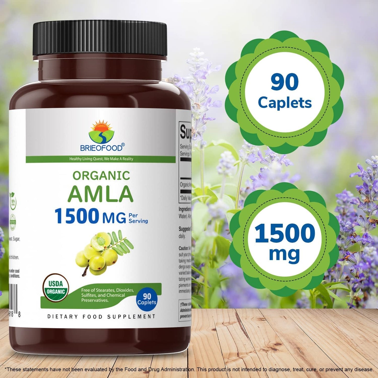 Brieofood Organic Amla 1500Mg, Vegetarian, Gluten Free 45 Servings