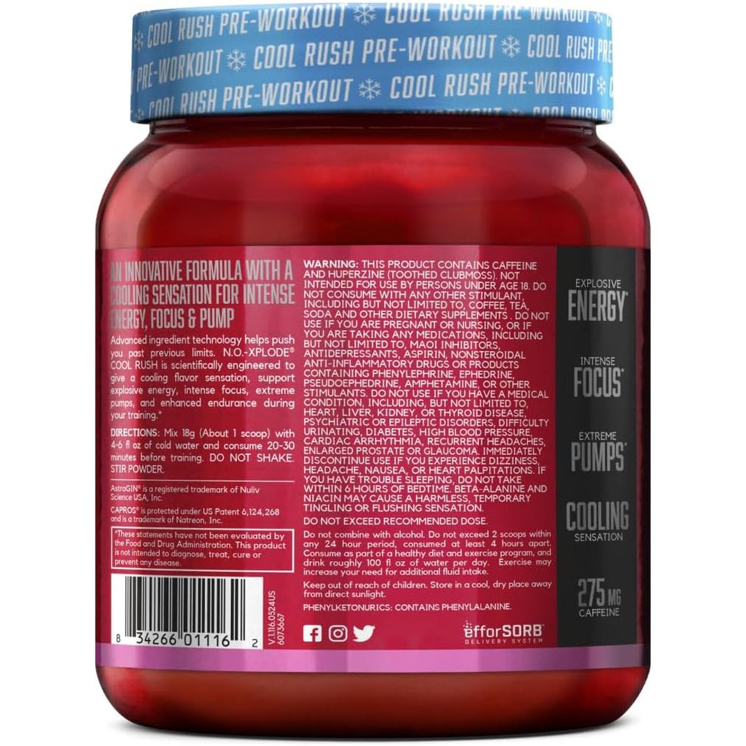 BSN N.O.-XPLODE Cool Rush Pre Workout Powder with Creatine and Beta-Alanine, Bubblegum Blast, 30 Servings