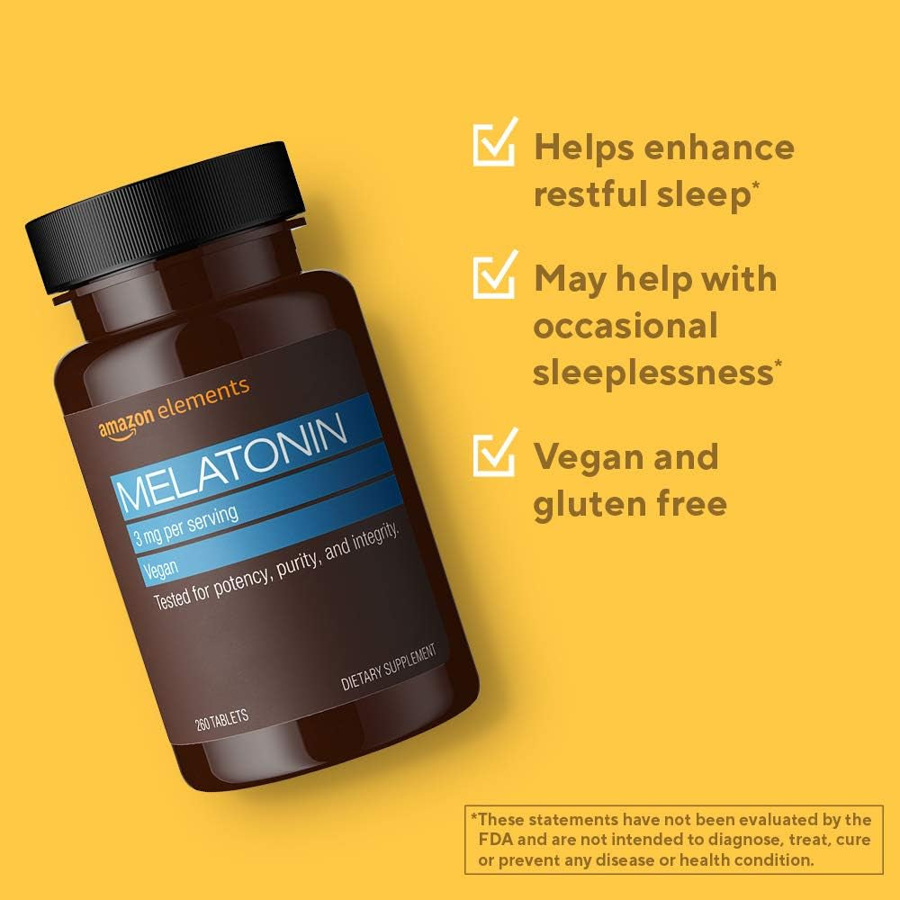 Amazon Elements Melatonin 3Mg - Helps with Occasional Sleeplessness 260 Tablets 8 Month Supply