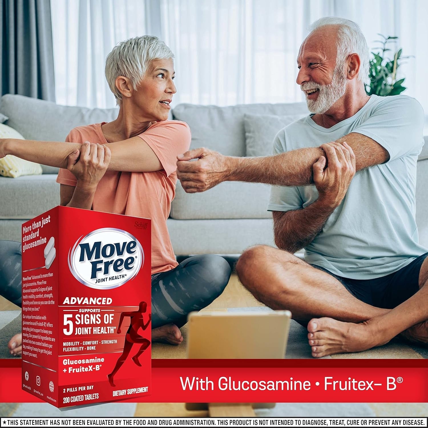 Move Free Advanced Glucosamine Chondroitin + Calcium Fructoborate Joint Support Supplement, 200 Tablets (100 Servings)*