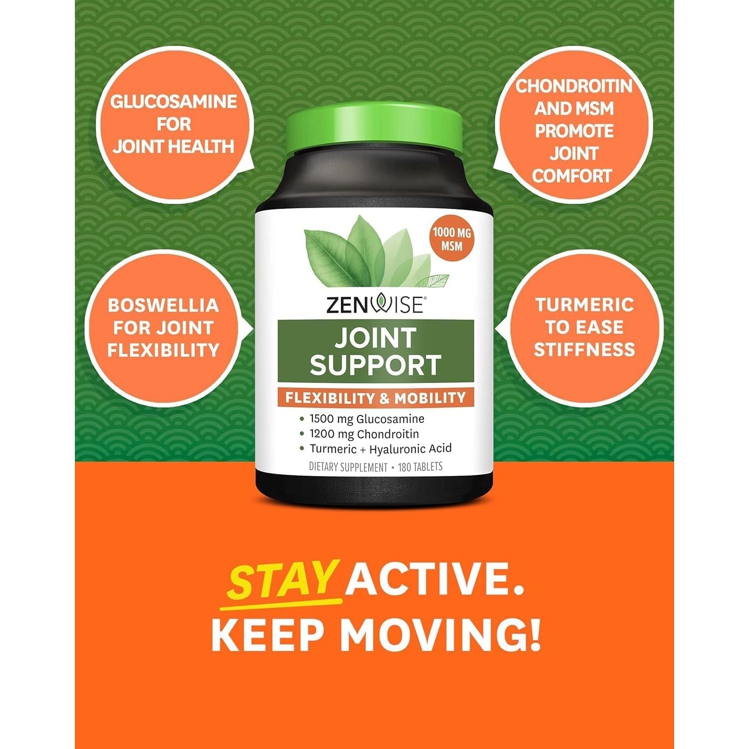 Zenwise Glucosamine Chondroitin Sulfate MSM Curcumin - Joint Support Supplement with Hyaluronic Acid for Extra Strength Relief (180 Count)