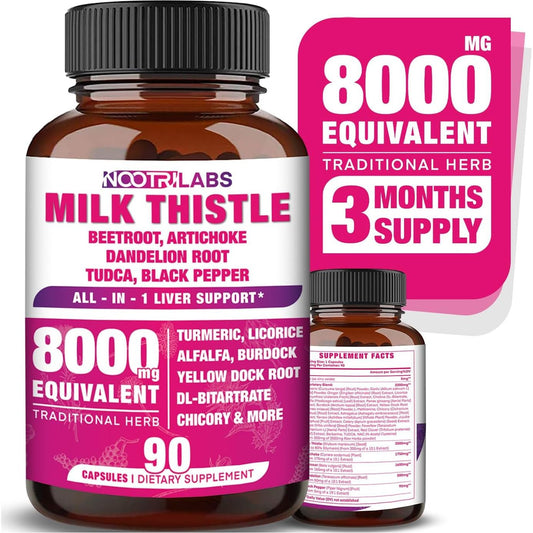 All-In-1 8000Mg Highest Potency Milk Thistle NAC Beetroot Artichoke Dandelion Root - Liver Cleanse Detox & Repair 90 Vegan Capsules