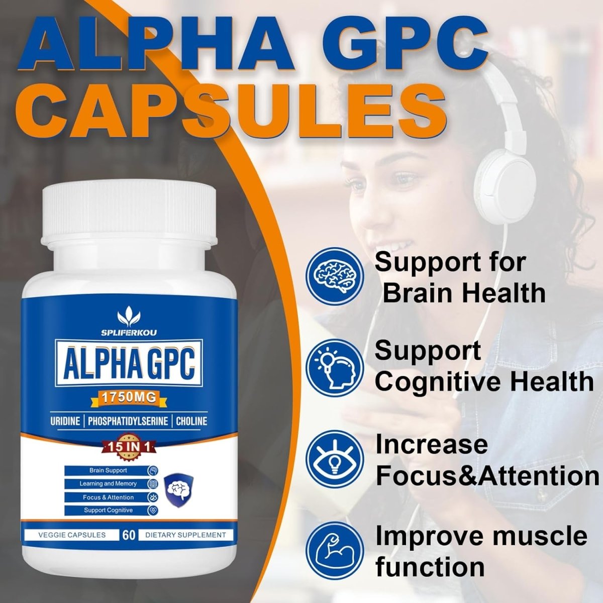15 - In - 1 Alpha GPC Supplement - Nootropic Brain Supplement For Brain Support, Memory and Focus,60 Capsules - Suppviv