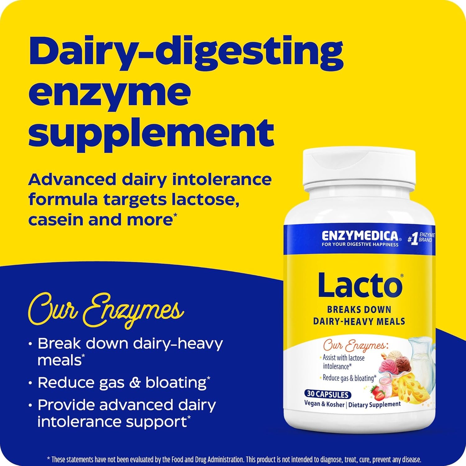 Enzymedica Lacto, Digestive Enzymes for Complete Dairy Digestion, Offers Fast-Acting Gas & Bloating Relief