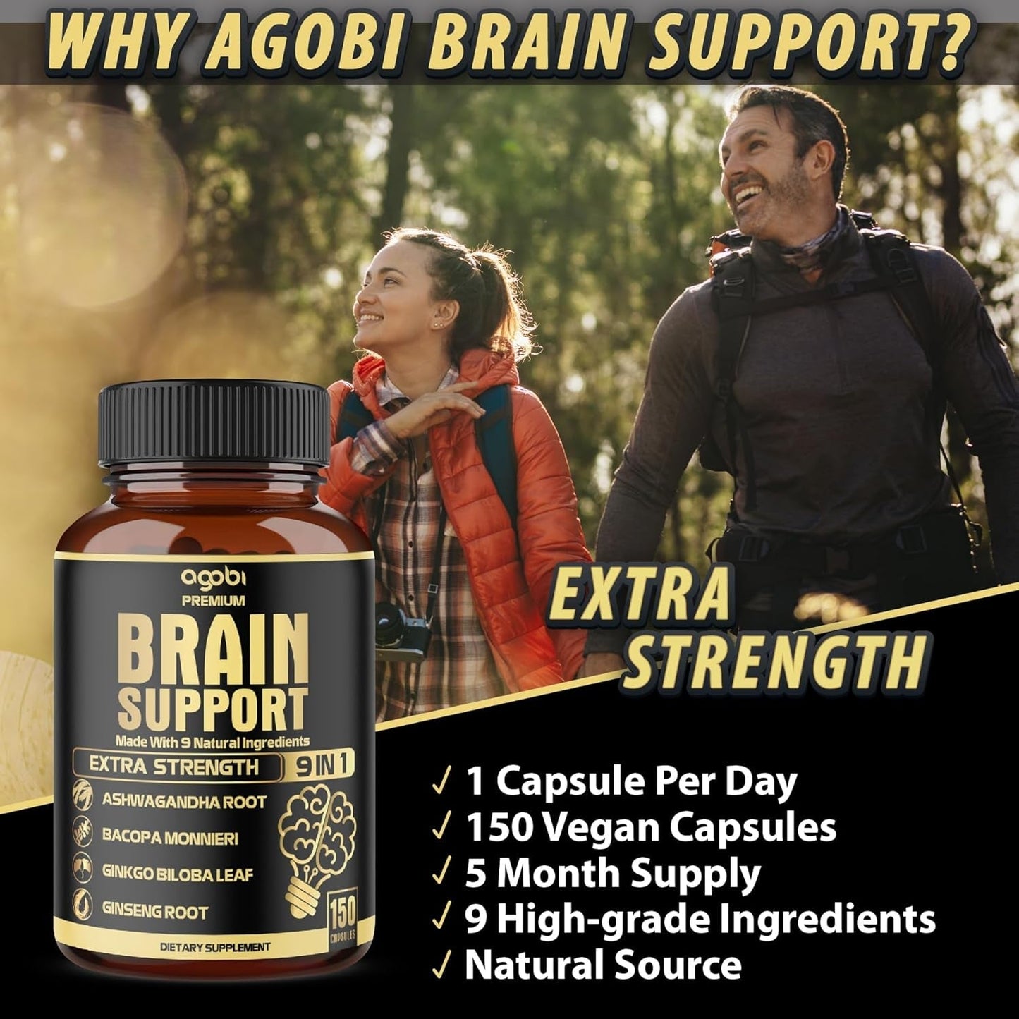 Agobi 9In1 Brain Support Supplement - Accuracy, Focus, Memory & Energy Booster - 150 Capsules