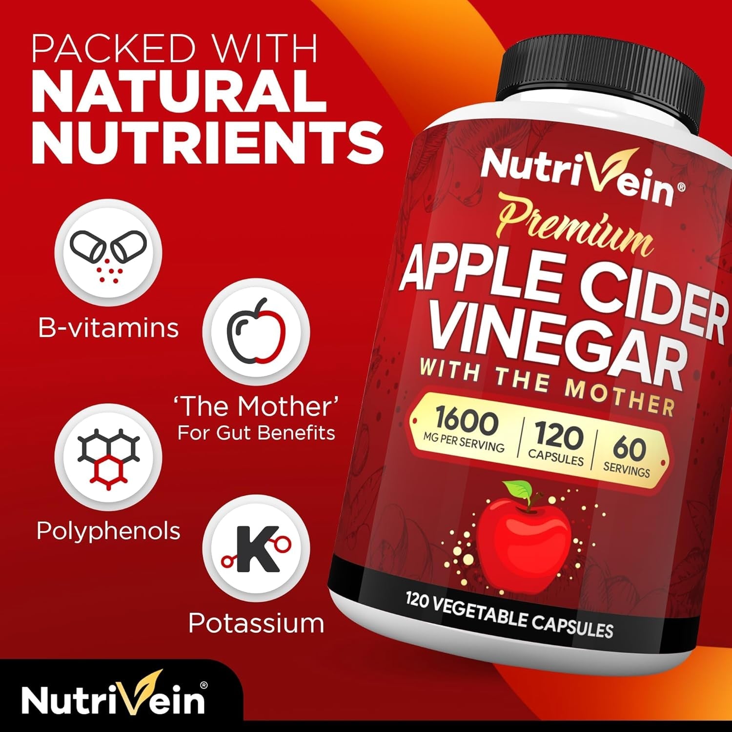 Nutrivein Apple Cider Vinegar Capsules with Mother - 1600Mg - Supports Healthy Diet, Digestion, Keto, Cleanser 120 Pills
