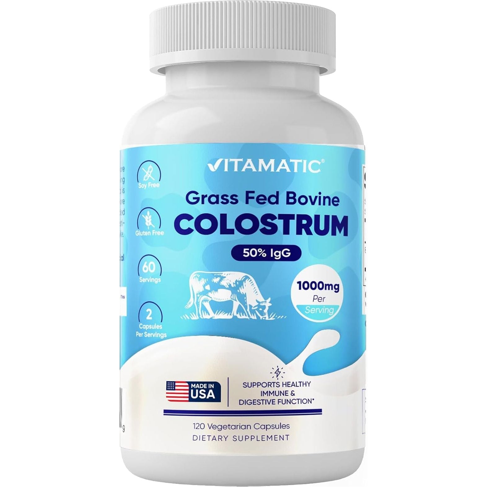 Vitamatic Bovine Colostrum Supplement 1000 Mg - for Gut Health, Hair Growth, Beauty, Muscle Recovery, & Immune Support - 120 Capsules