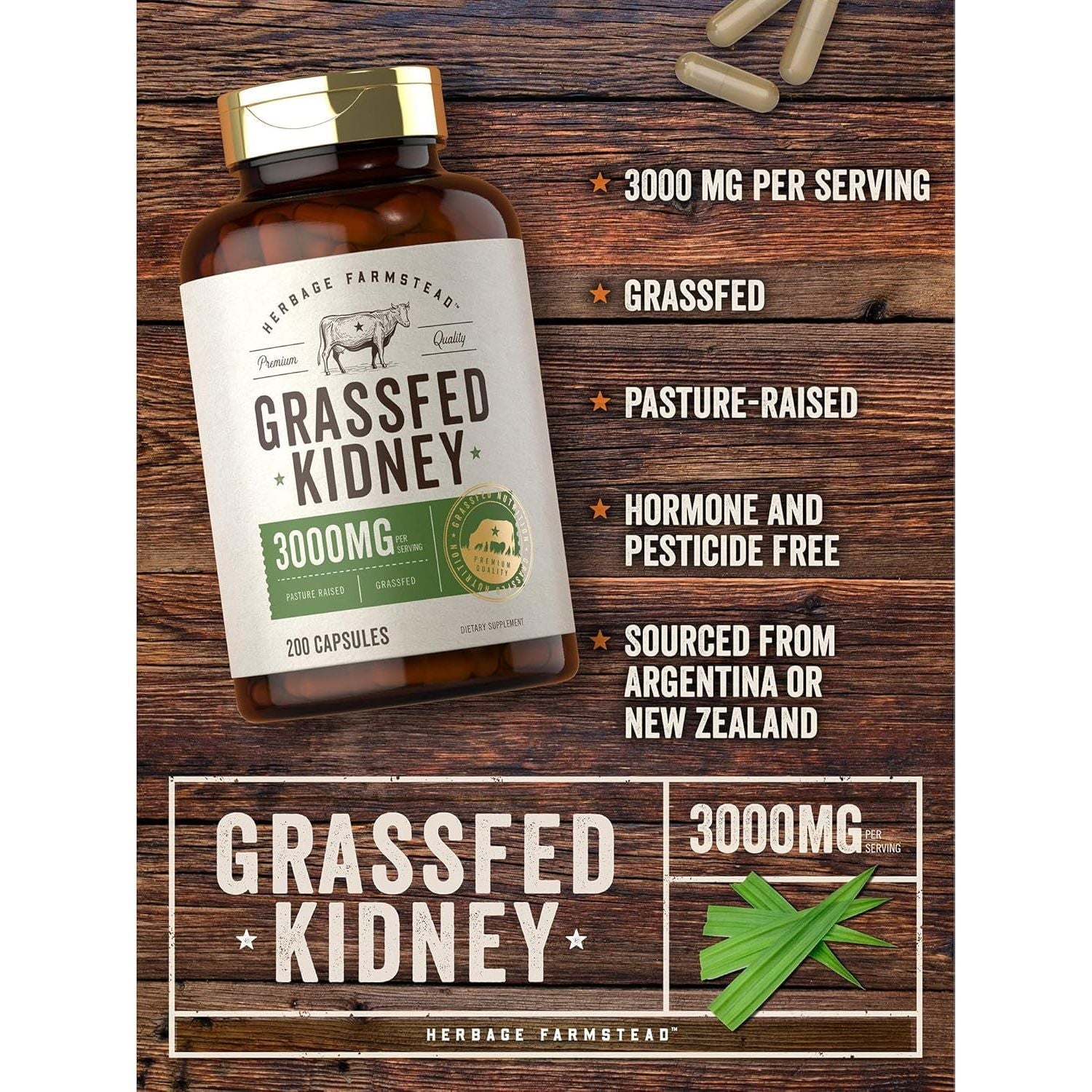 Carlyle Grass Fed Beef Kidney Supplement | 200 Capsules | 3000Mg | Hormone and Pesticide Free by Herbage Farmstead