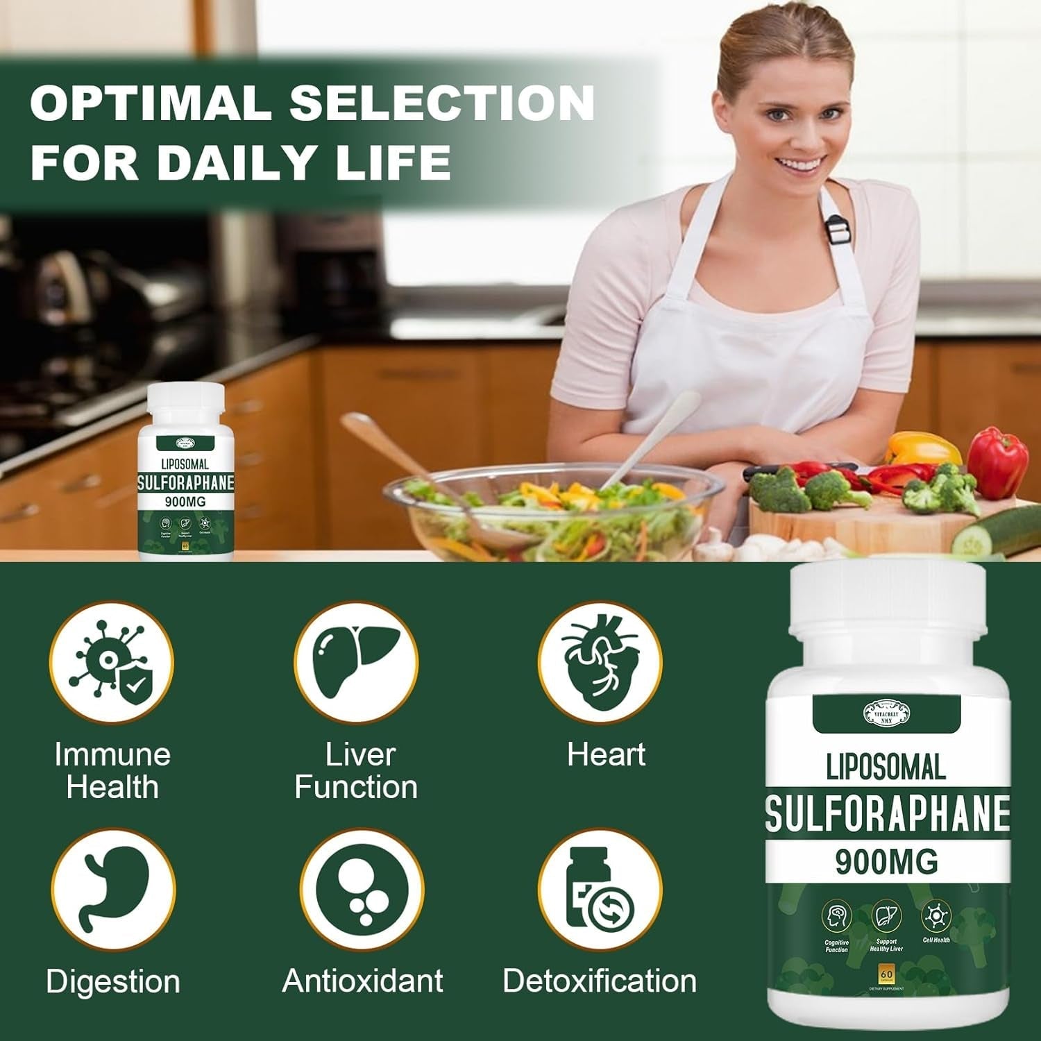 900MG Liposomal Sulforaphane Supplement Broccoli Extract, Liver Supplement for Antioxidant, Digestion, Cellular Health 60 Capsules