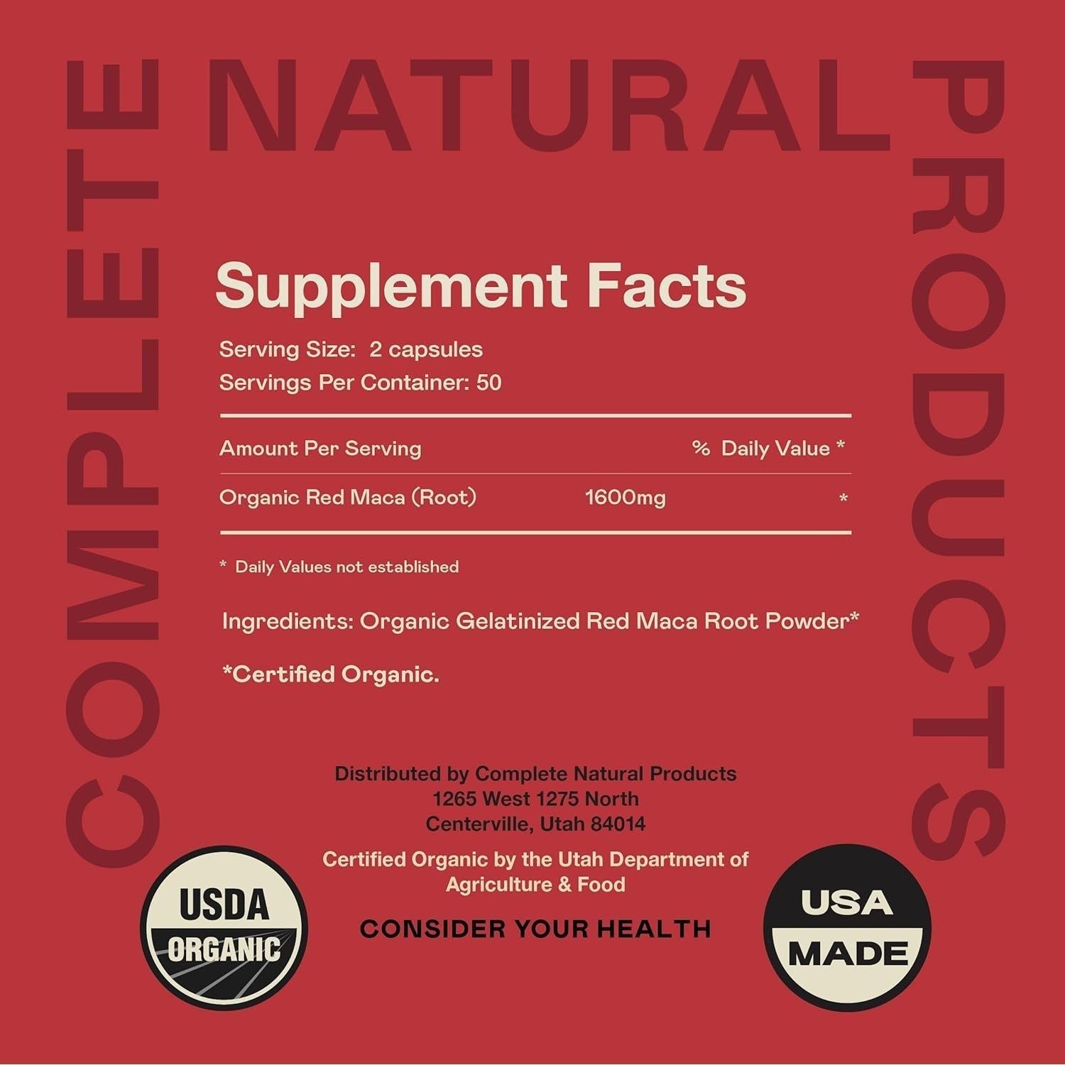 Complete Natural Products Pure Maca Root Powder Capsules - 100 Capsules