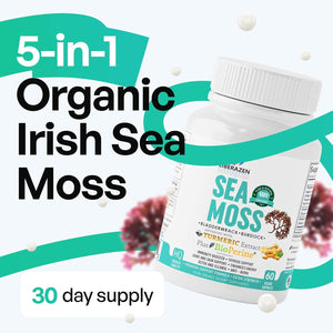 Organic Irish Sea Moss Pills -  Seamoss Blend with Turmeric, Burdock Root & Bladderwrack, Enhanced with Black Pepper - 60 Capsules